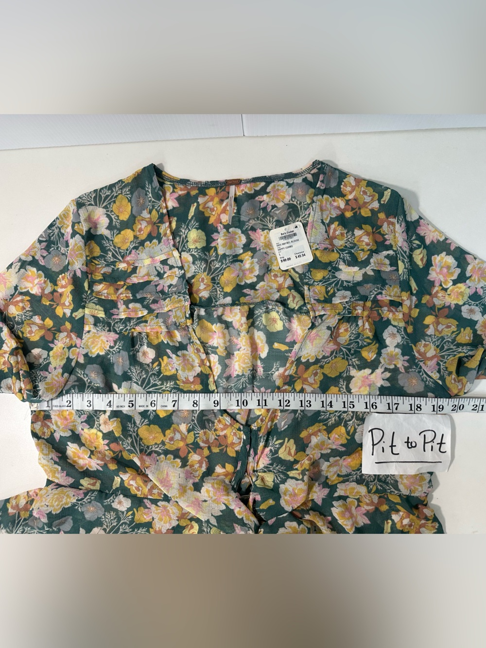 Free People Maybel Blouse Green Floral Ruffle Tie-Front Top Pink & Yellow Blooms - Picture 14 of 15